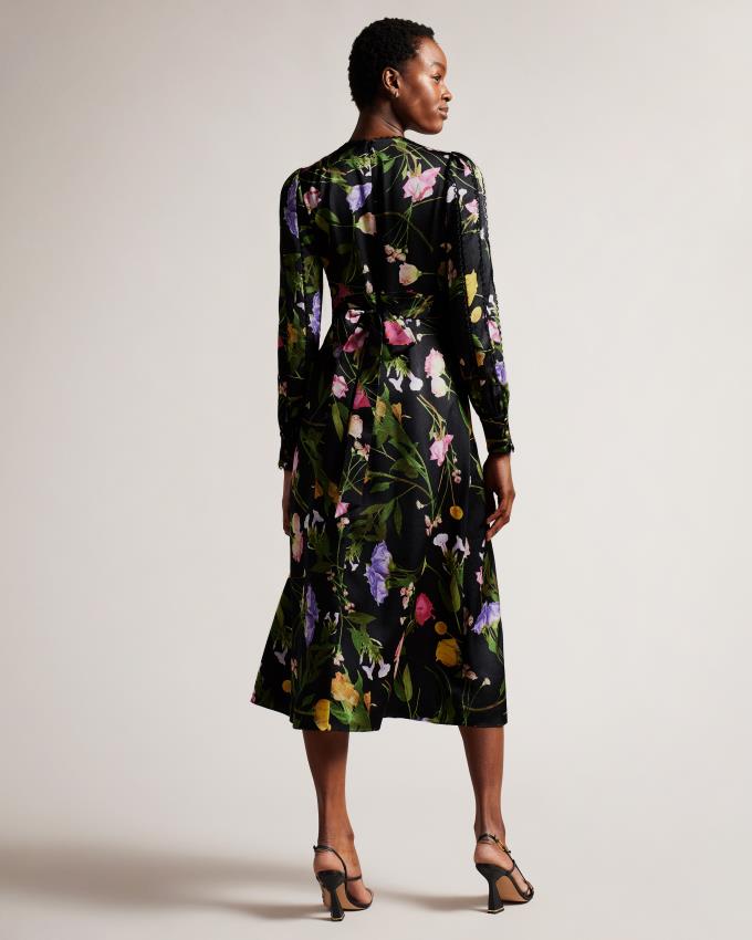 Peignoir Ted Baker Blouson Sleeve Floral Midi Noir Femme | BSU-15310617